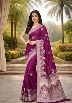 Wine Zari Work Crepe Saree Set