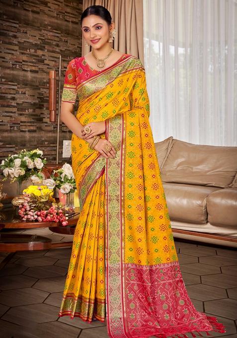 Yellow Zari Work Silk Saree Set