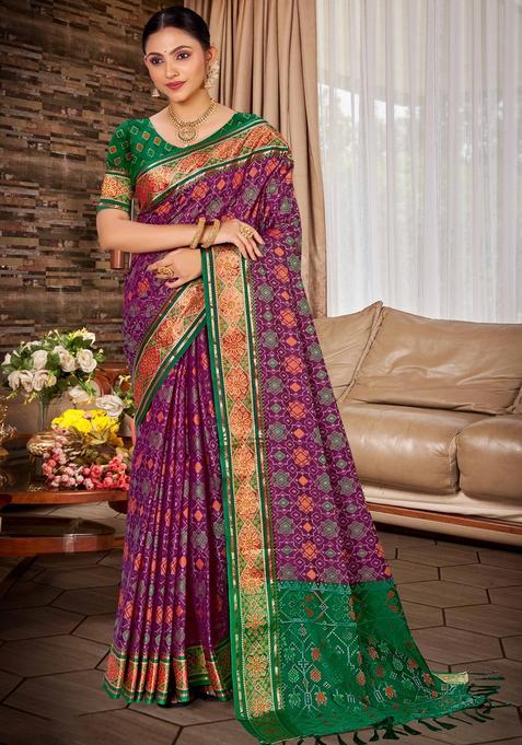 Purple Zari Work Silk Saree Set