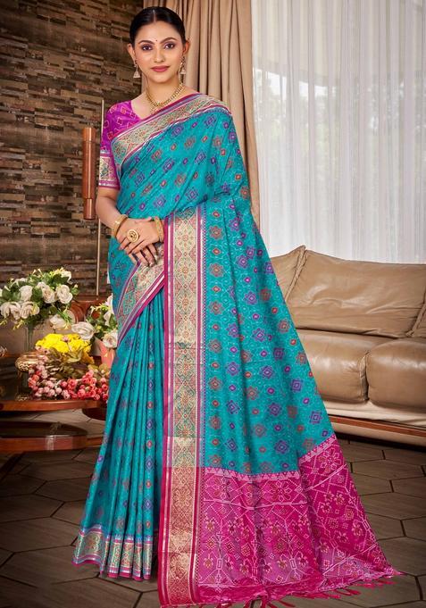 Blue Zari Work Silk Saree Set