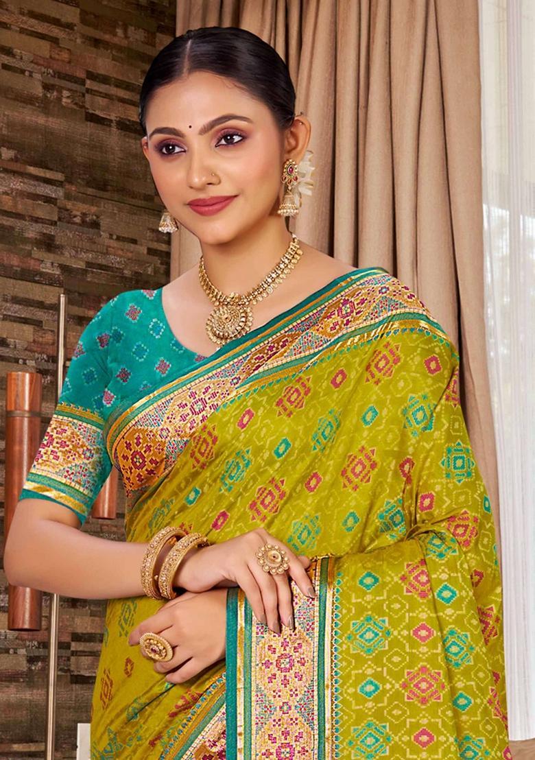 Green Zari Work Silk Saree Set - Indya