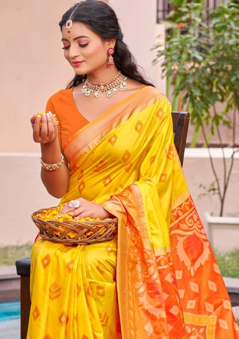 Yellow Zari Work Silk Saree Set - Indya