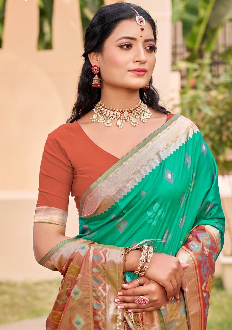 Green Zari Work Silk Saree Set - Indya