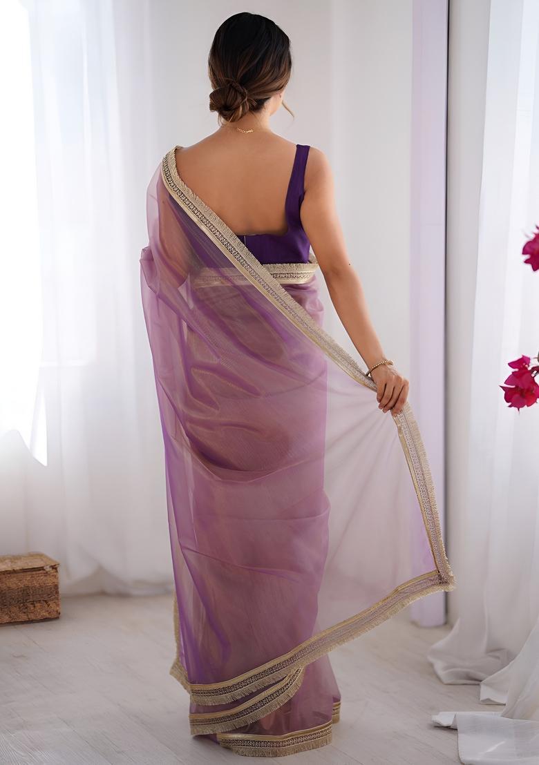 Mauve Printed Net Saree Set - Indya
