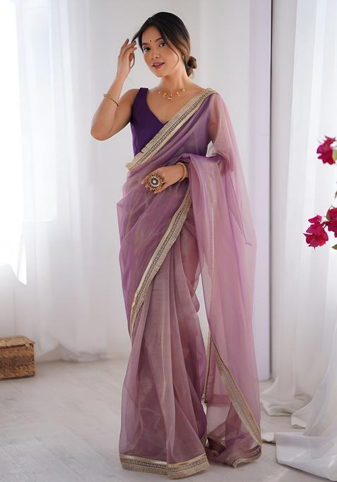 Mauve Printed Net Saree Set