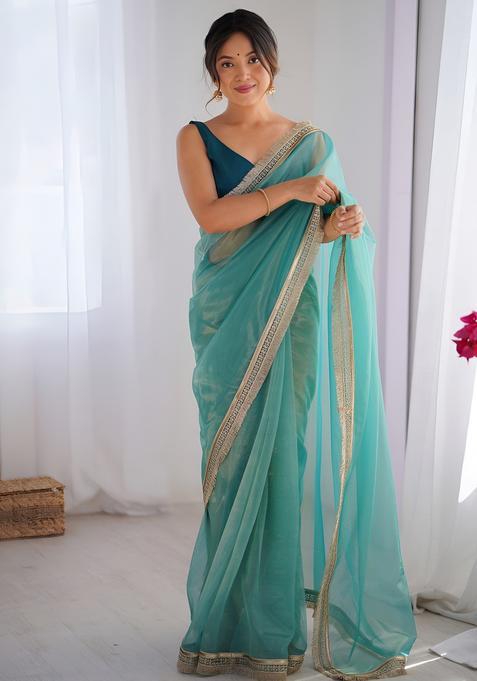 Sea Green Printed Net Saree Set — view on Indya