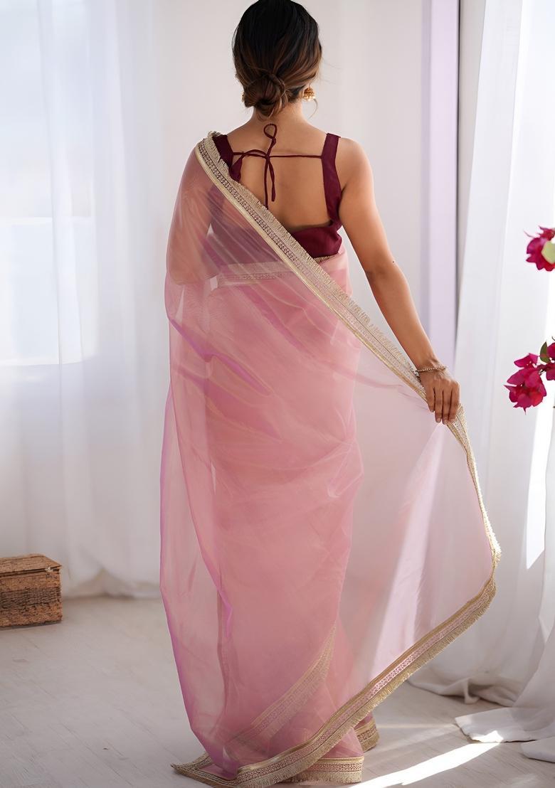 Pink Printed Net Saree Set - Indya