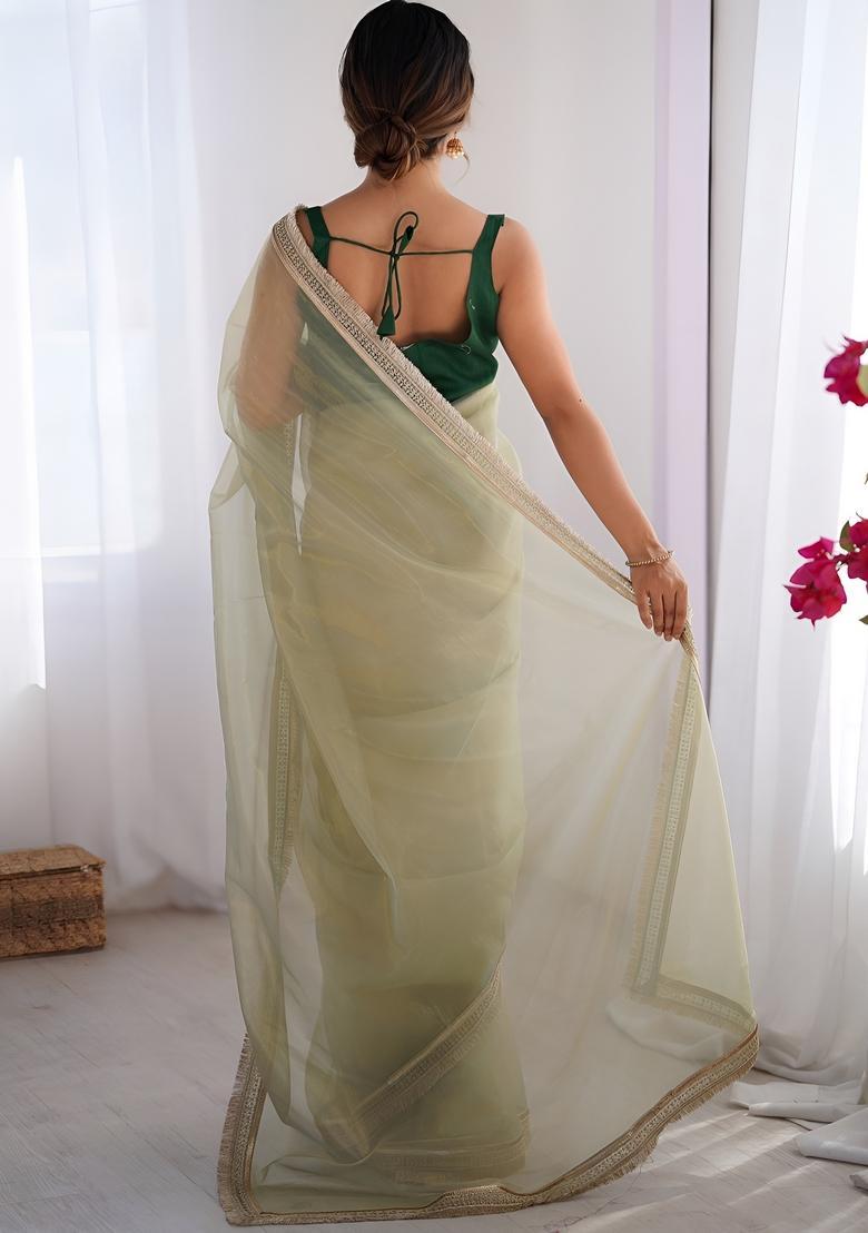 Green Printed Net Saree Set - Indya