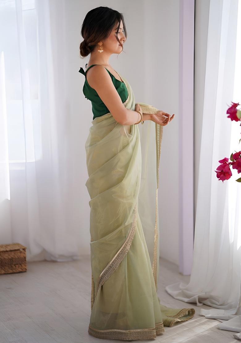 Green Printed Net Saree Set - Indya