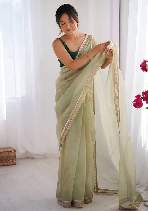 Green Printed Net Saree Set — view on Indya