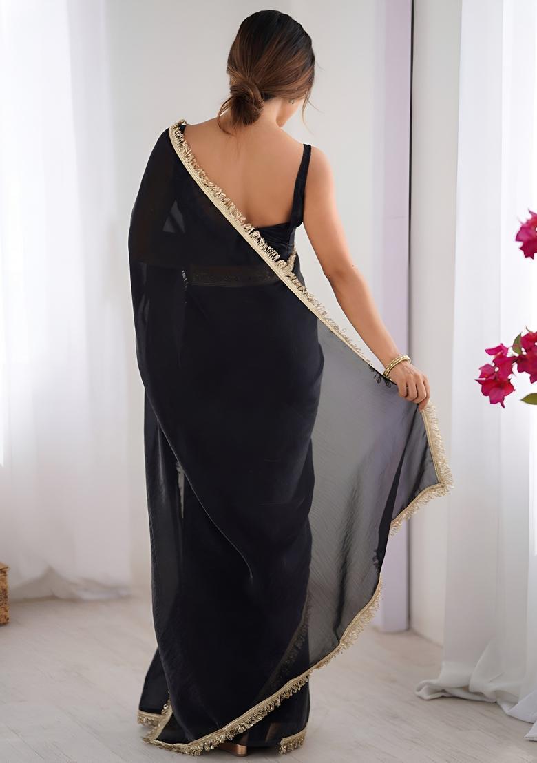 Black Printed Silk Saree Set - Indya