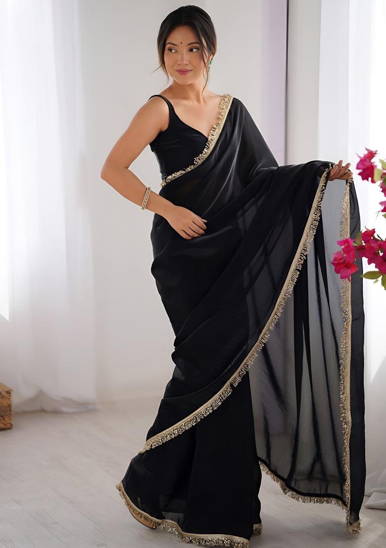 Black Printed Silk Saree Set - Indya