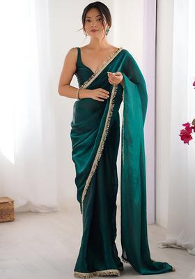 Green Printed Silk Saree Set