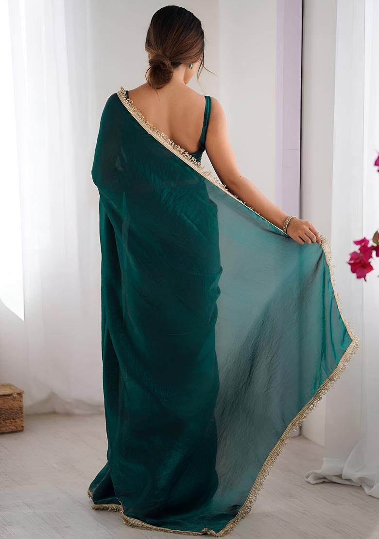 Green Printed Silk Saree Set - Indya
