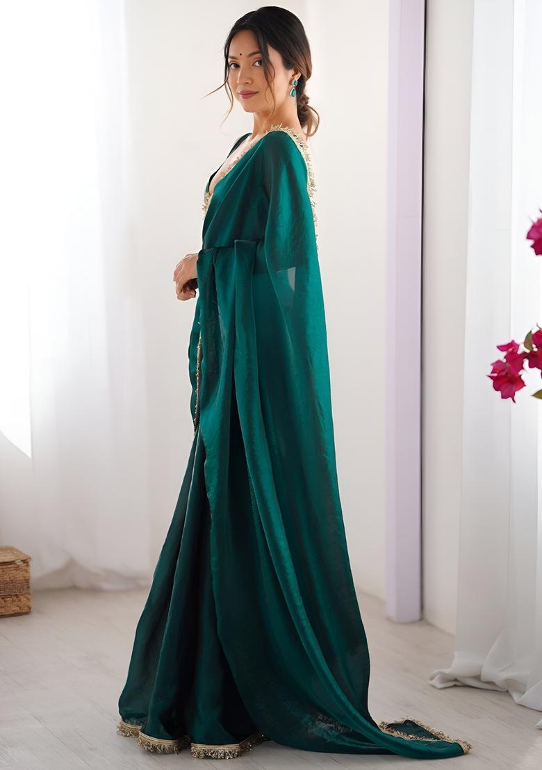 Green Printed Silk Saree Set - Indya