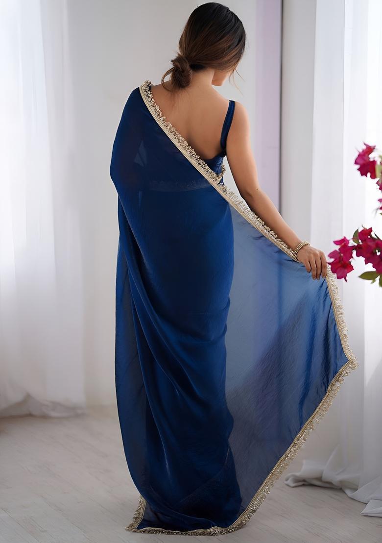 Blue Printed Silk Saree Set - Indya