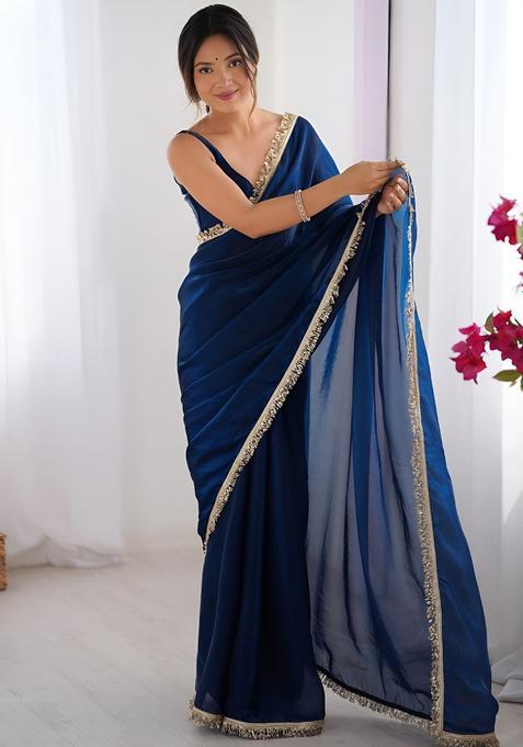 Blue Printed Silk Saree Set
