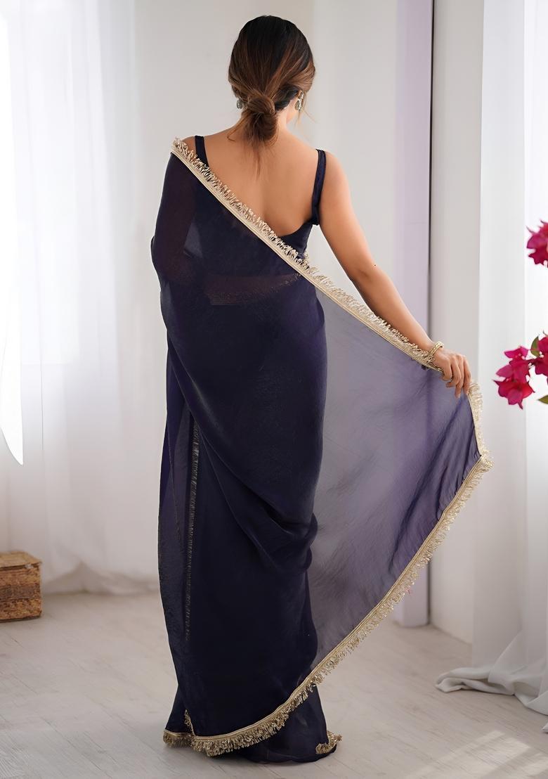 Purple Printed Silk Saree Set - Indya
