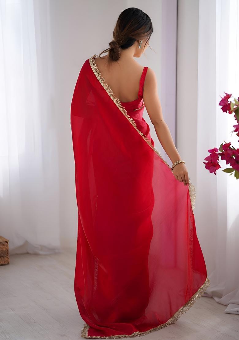 Red Printed Silk Saree Set - Indya