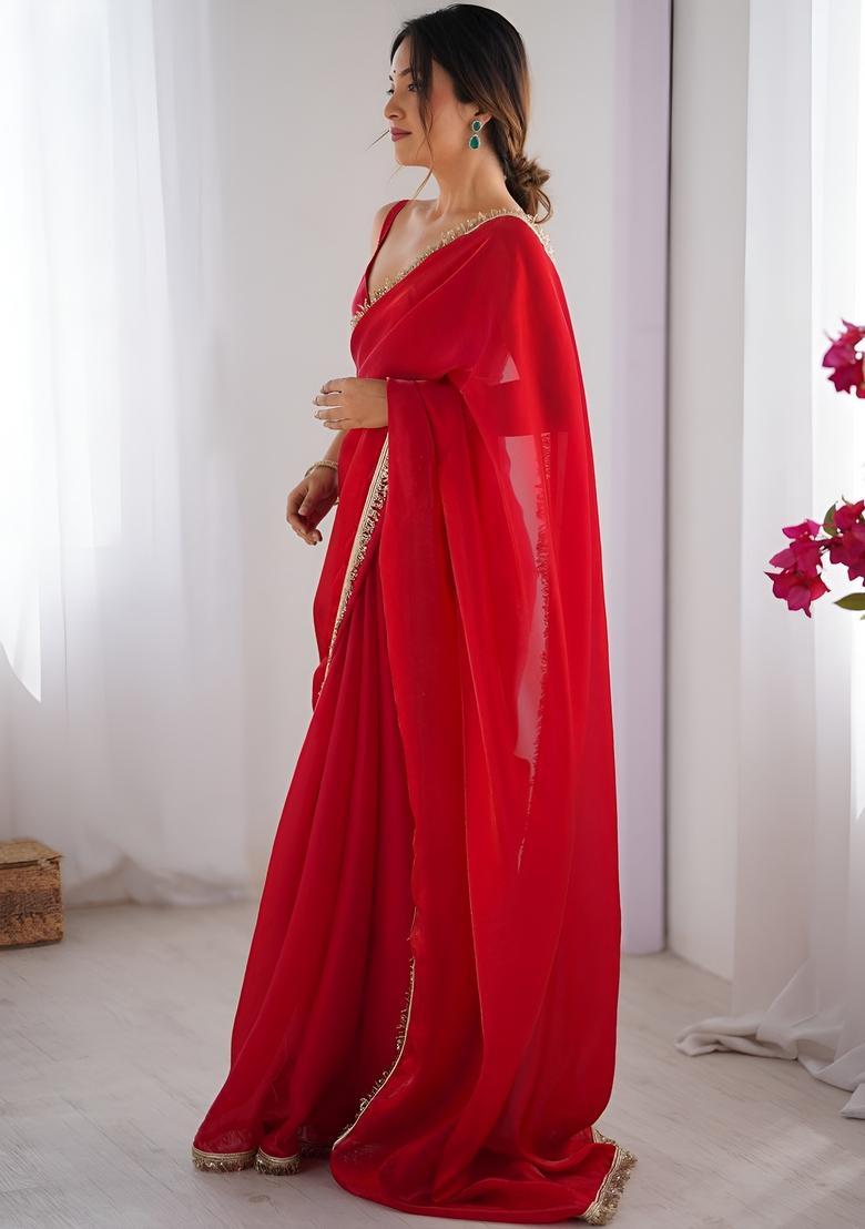 Red Printed Silk Saree Set - Indya