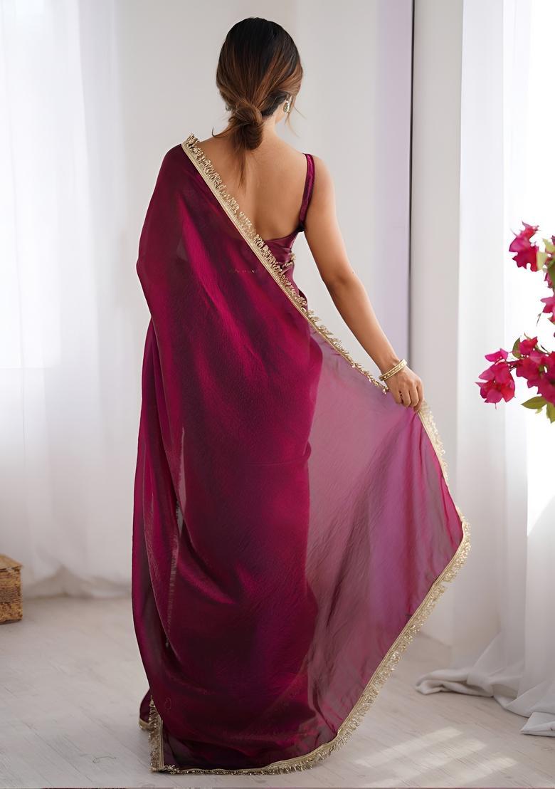 Wine Printed Silk Saree Set - Indya