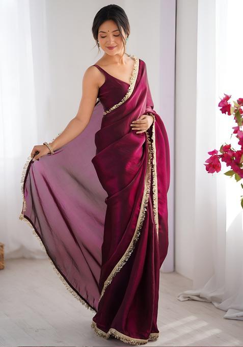 Wine Printed Silk Saree Set