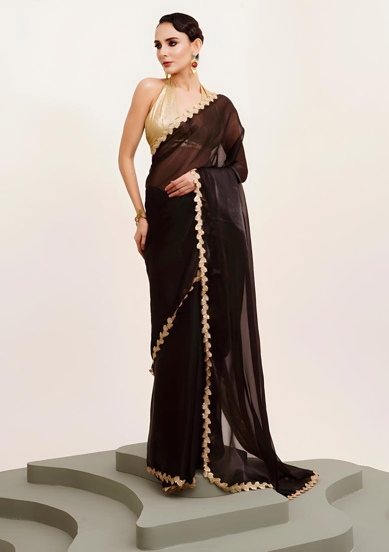 Black Printed Silk Saree Set - Indya