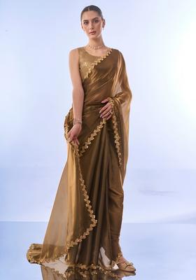 Gold Printed Silk Saree Set