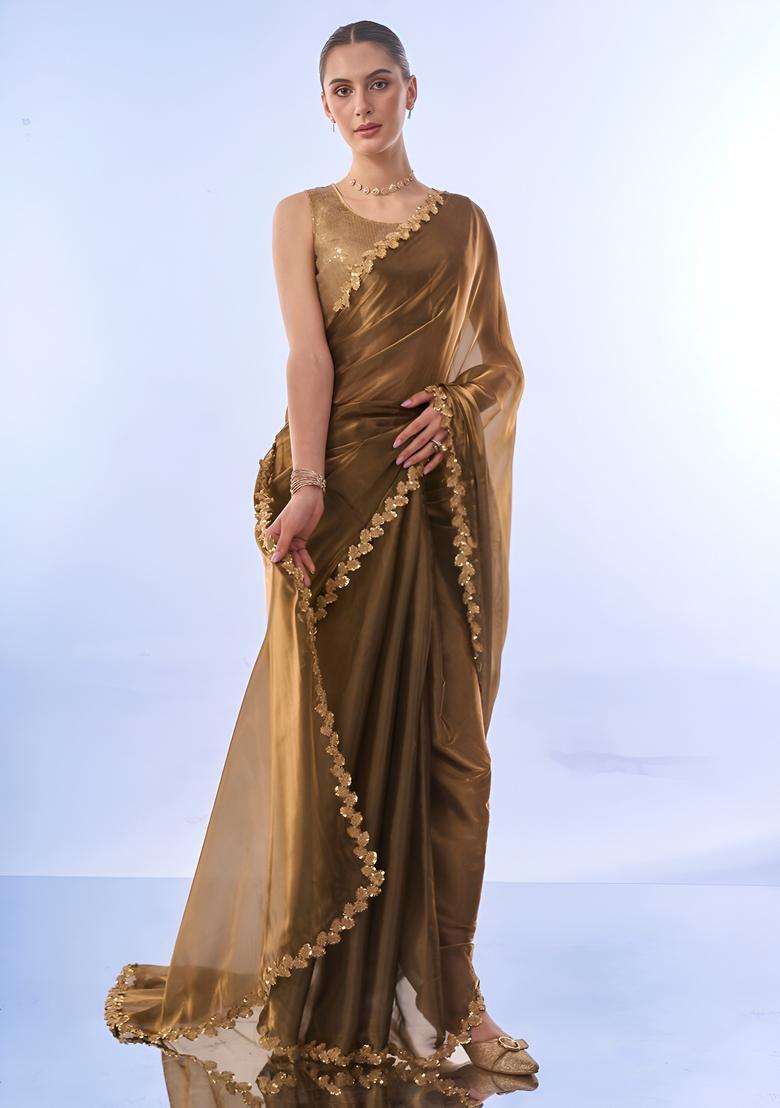 Gold Printed Silk Saree Set for Diwali and Festive Wear - Indya