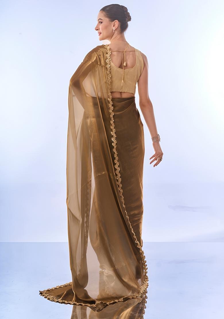 Gold Printed Silk Saree Set - Indya