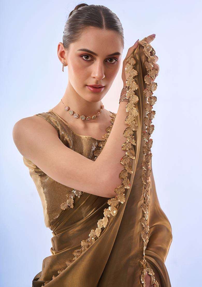 Gold Printed Silk Saree Set for Diwali and Festive Wear - Indya