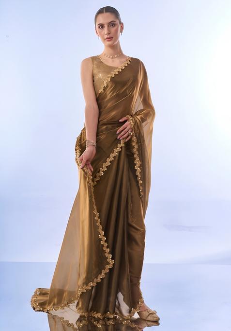 Gold Printed Silk Saree Set