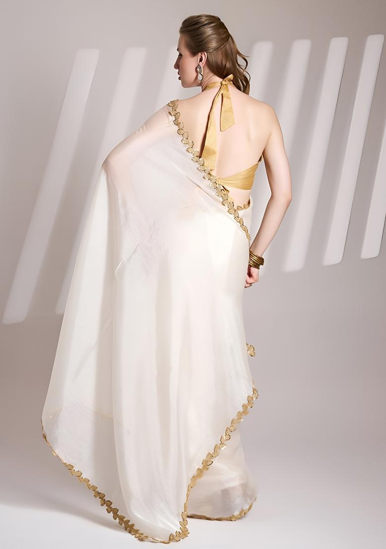White Printed Silk Saree Set - Indya