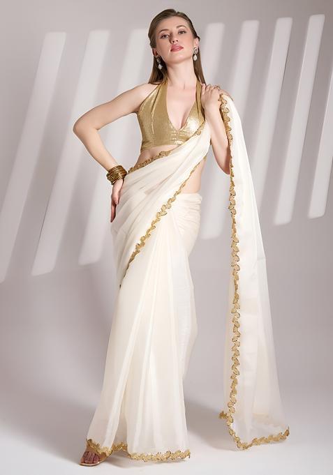 White Printed Silk Saree Set — view on Indya