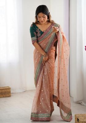 Peach Sequins Work Silk Saree Set
