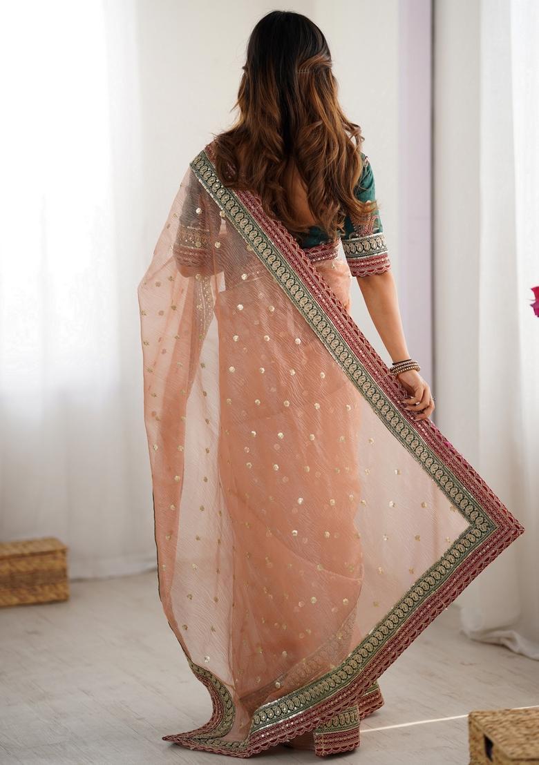 Peach Sequins Work Silk Saree Set - Indya