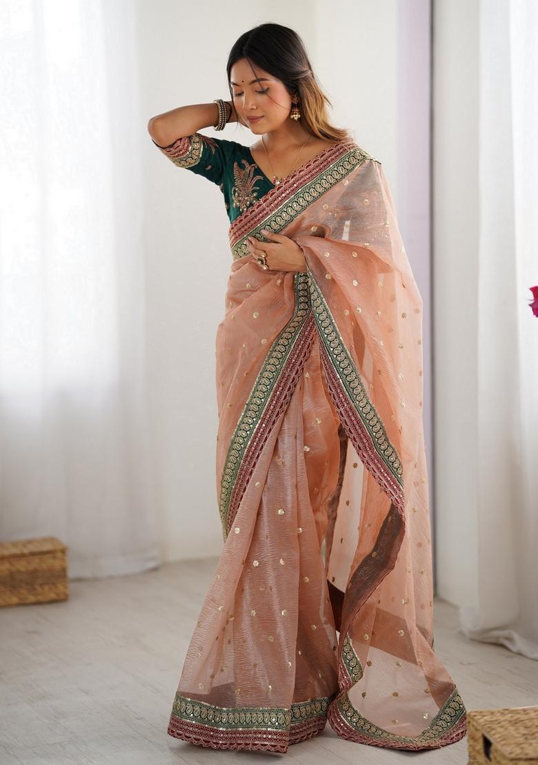 Peach Sequins Work Silk Saree Set - Indya