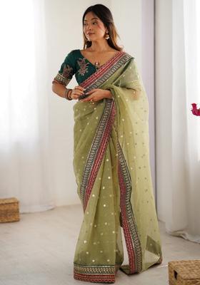 Green Sequins Work Silk Saree Set