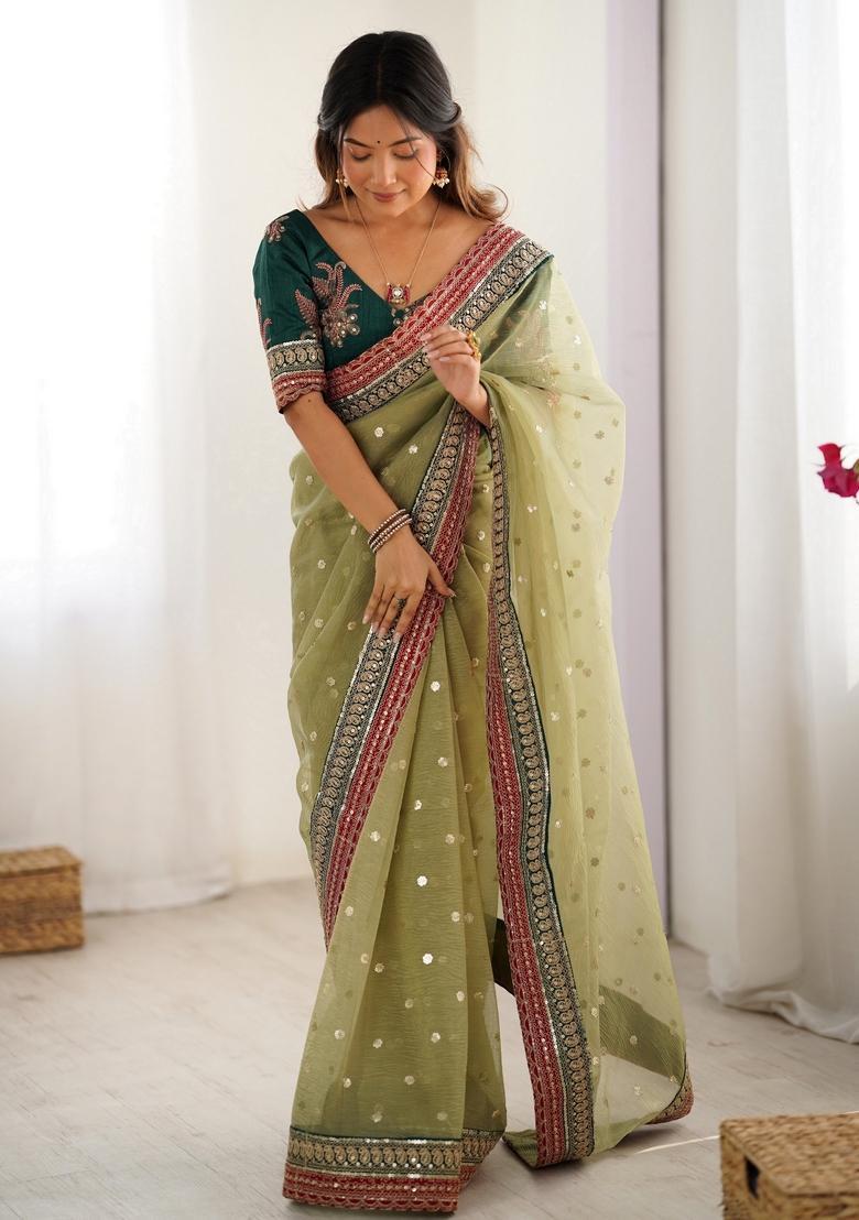 Green Sequins Work Silk Saree Set - Indya