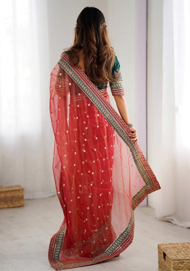 Red Sequins Work Silk Saree Set - Indya