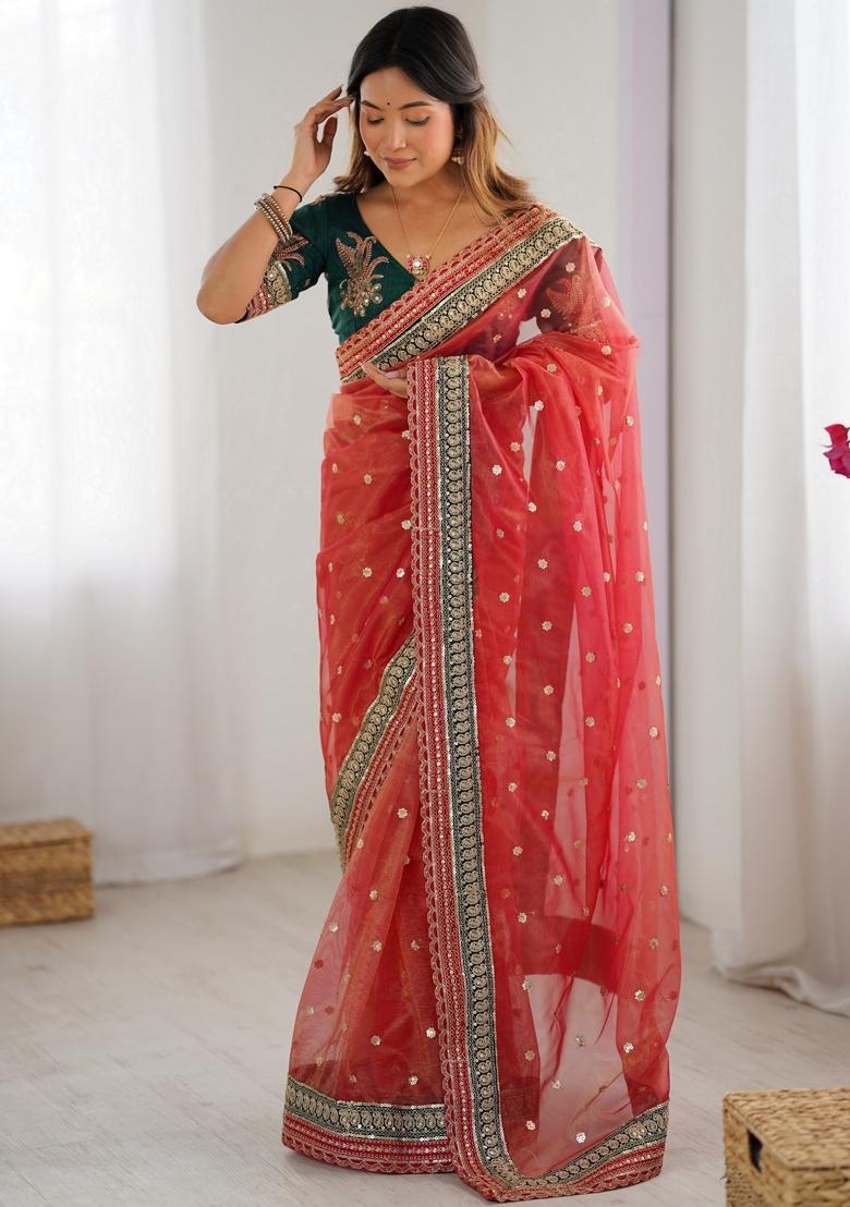 Red Sequins Work Silk Saree Set - Indya
