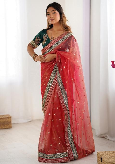 Red Sequins Work Silk Saree Set — view on Indya