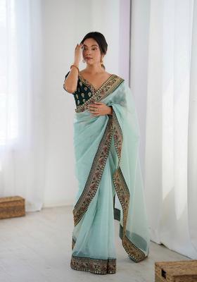 Sea Green Sequins Work Silk Saree Set