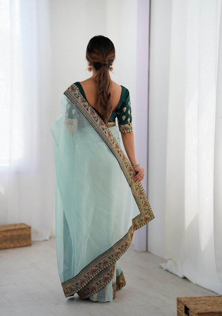 Sea Green Sequins Work Silk Saree Set - Indya