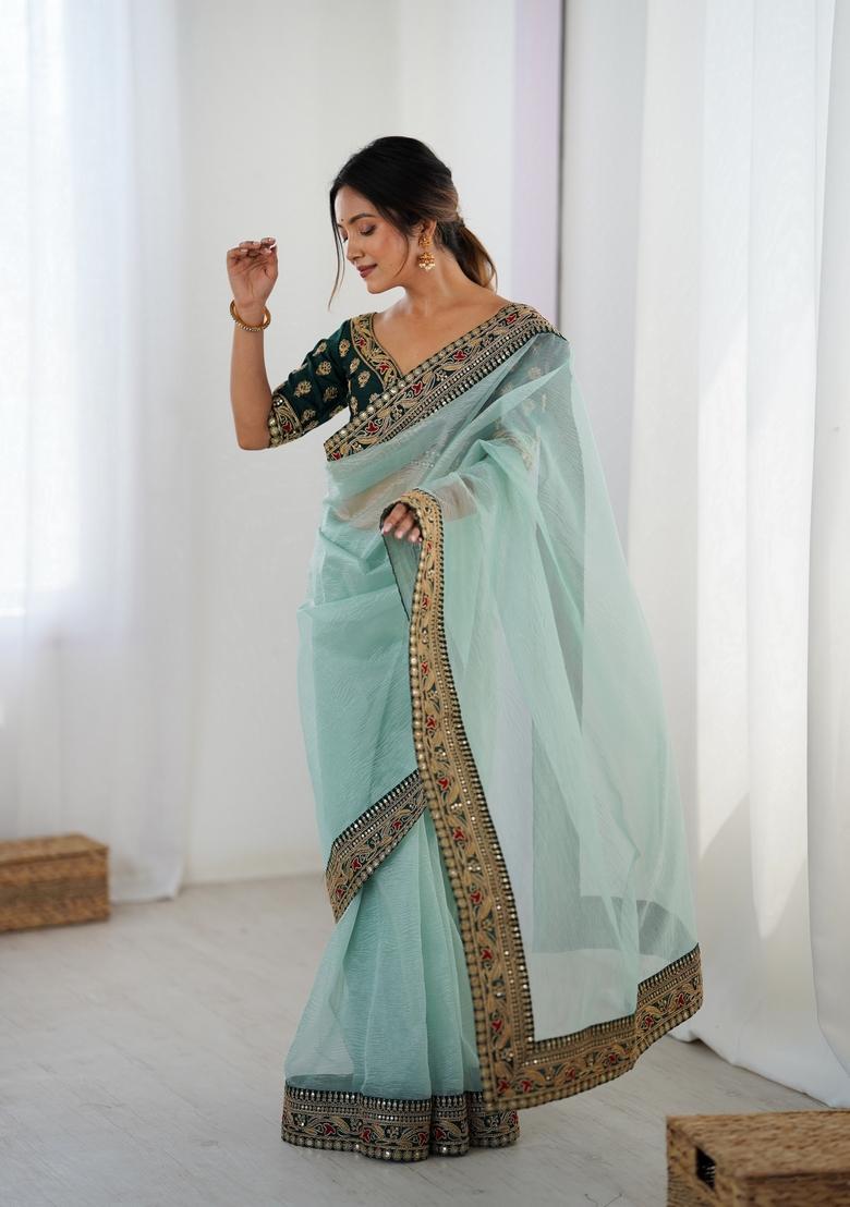 Sea Green Sequins Work Silk Saree Set - Indya
