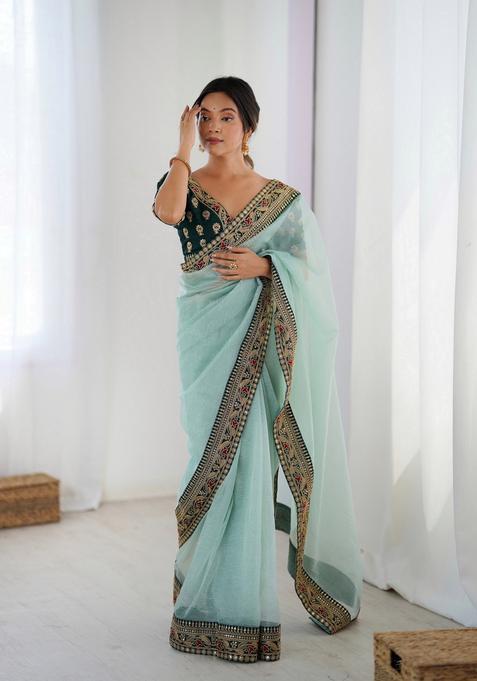 Sea Green Sequins Work Silk Saree Set