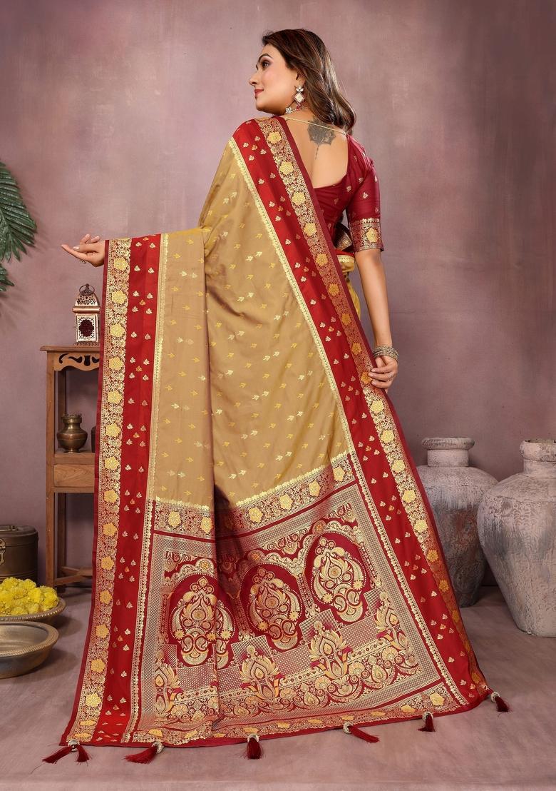 Orange Printed Silk Saree Set - Indya