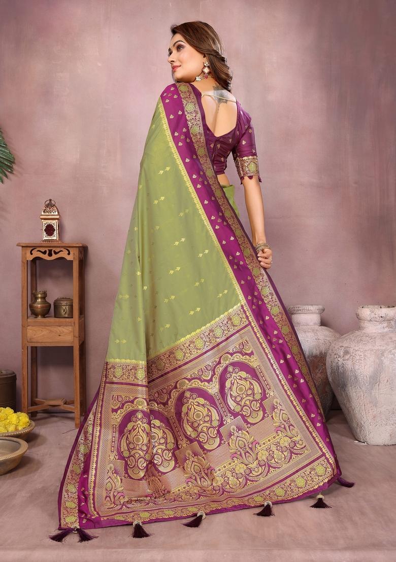 Green Printed Silk Saree Set - Indya