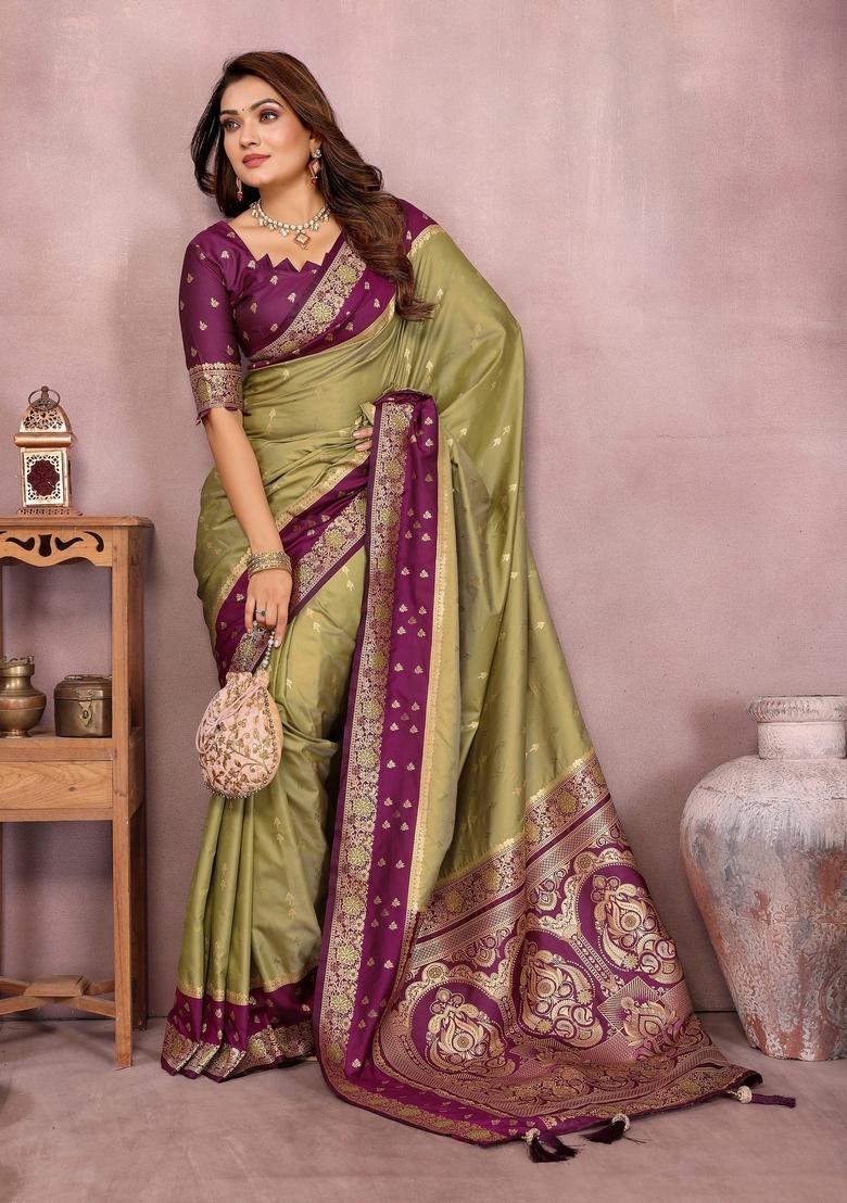 Green Printed Silk Saree Set - Indya