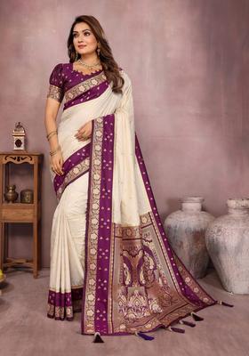 Off White Printed Silk Saree Set